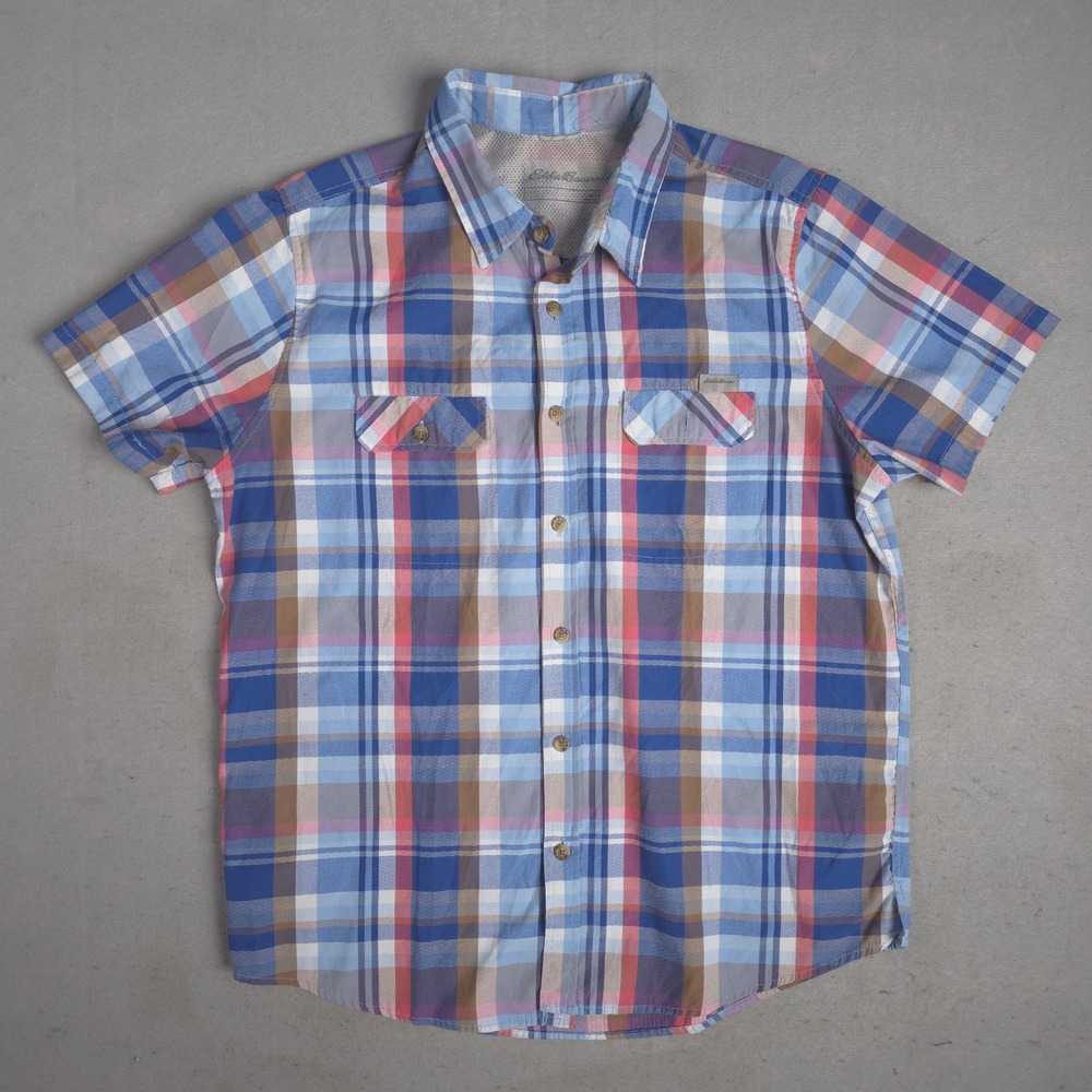 Eddie‎ Bauer Plaid Button Up Shirt Short Sleeve Blue Red Mens Large